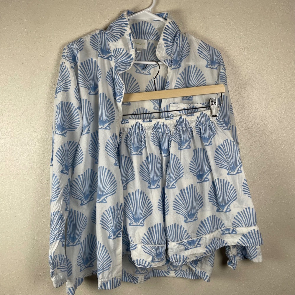 Darling Womens Blue White Seashell Cotton Pajama Set Long Sleeve Shorts Size M